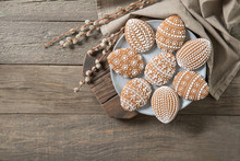 Easter Cookies On Old Wooden Background, Easter Eggs,