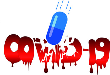 Coronavirus rescue concept vector illustration. classic blue pill tablet breaks ominous lava red inscription covid-19 with bloody smudges.