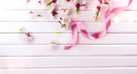 Fotomurales - Easter Spring Blossom on white wooden plank background. Easter Apricot flowers on wood, border art design with pink satin ribbon. Pink blooming tree on wood backdrop closeup.