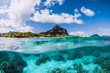 Blue ocean underwater and Le Morne mountain in Mauritius.