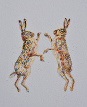 Painting Of Boxing Hares In The Pointillist - Pointillistic  Style On White Background.