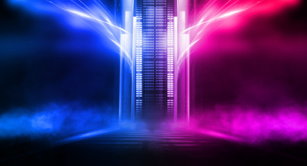 Wall Mural - Empty stage, blue and pink, purple  neon, abstract background. Rays of searchlights, light, abstract tunnel, corridor. Dark futuristic background, smoke, smog.