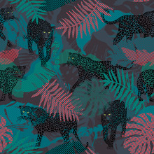 Leopards In The Jungle, Tropical Seamless Pattern, Animalier Background