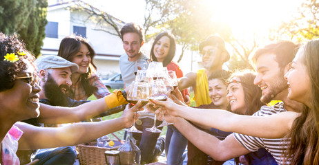 Friends group toasting red wine and having fun outdoor cheering at bbq picnic - Young people enjoying summer together at garden party outside - Youth friendship concept with focus on clinking glasses