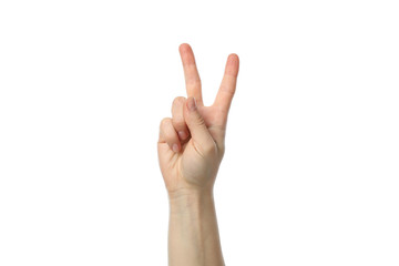 Wall Mural - Female hand showing two fingers, isolated on white background