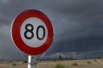 Wall Mural - Highway 8 near Twizel.  Lake Ruataniwha. Ben Ohau. New Zealand. Speed limit sign 80