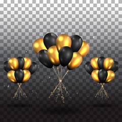 Shiny black and golden metallic blue balloons with white frame on shiny striated  surface,