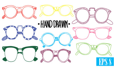 Glasses. A set of images. Drawing by hand in vintage style. Points of different shapes and sizes.