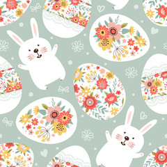 Seamless pattern with easter bunny and eggs. Cartoon style