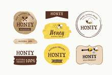 Honey Bee Blots Stain Label And Banner. Logo Element Organic Natural Product Design. Artistic Circle Brushes With Watercolor Texture.