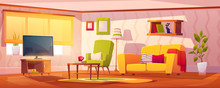 Spring Interior Of Living Room With Sofa, Armchair, Bookshelves And Tv. Vector Cartoon Illustration Of Lounge With Coffee Table, Carpet, Floor Lamp And House Plants