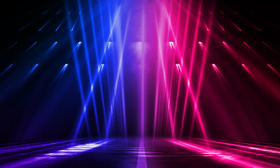 Wall Mural - empty stage, blue and pink, purple neon, abstract background. rays of searchlights, light, abstract 