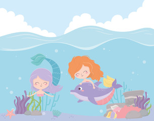 Sticker - mermaids with dolphin reef coral cartoon under the sea