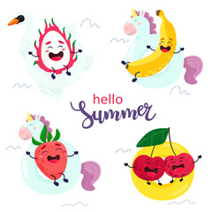 Wall Mural - Set of summer fruits and berries on rubber rings. Hello Summer, calligraphy. Vector isolates in cartoon flat style.