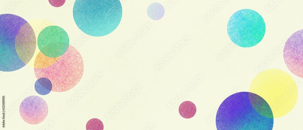 Abstract modern art background style design with circles and spots in colorful pink, blue, yellow, red, green, and purple on light beige or white background - obrazy, fototapety, plakaty 