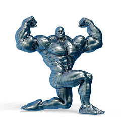 man made of steel doing a bodybuilder pose number twelve in a white background