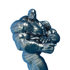 man made of steel doing a bodybuilder pose number two in a white background