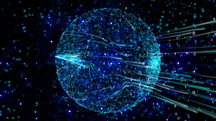 digital data touching network connections, world map innovative Big data ,(internet of things) iot,ai technology in science ,intelligent life and communication concept