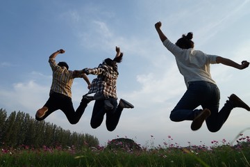 Poster - happy couple jumping in the air