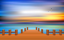 Landscape Of Wooden Walkway At The Beach In Sunset	