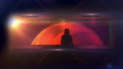 Wall Mural - Astronaut at the porthole of a ship approaching Mars.
