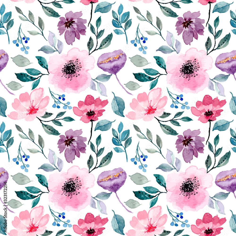 pink purple floral watercolor seamless pattern Stock Vector | Adobe Stock