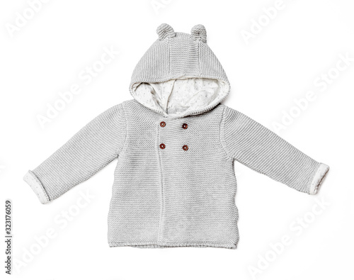 Fotomural Knitted cardigan (jacket) with a hood for the baby isolated on white background