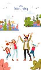 Wall Mural - Hello Spring card with a big happy family in nature. Big happy family walking at the forest. Mom, dad and three children. The blue sky, the sun, fresh wind. Pleasure from nature and communication