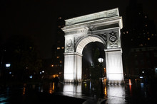 Washington Square Park Arch New York At Night In The Rain People Silhouettes With Umbrellas In The Rain