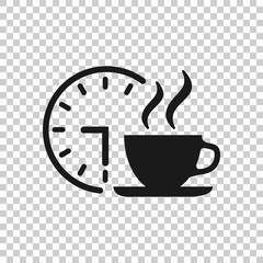 Coffee break icon in flat style. Clock with tea cup vector illustration on white isolated background. Breakfast time business concept.