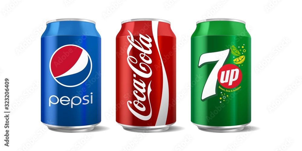 Vector illustration of classic Coca-Cola, Pepsi and 7 up can