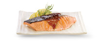Grilled Salmon Teriyaki On White Plate, Isolated On Whit Background With Clipping Path.