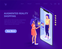 Augmented Reality. Augmented Reality Online Shopping. AR. The Character Uses A Smartphone. Landing Page Template. 3d Vector Isometric Illustration.