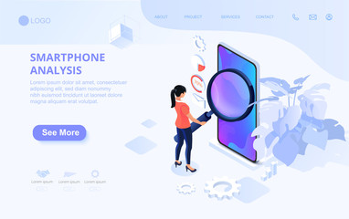 Анализ интерфейса. Анализ изучение смартфона. Programming seo phone vector illustration. Software, code place. UI design concept with character and text. Flat isometric 