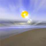 Fototapeta Lawenda - Vector Sea and the Beach with a Glowing Sun and Shining Effects, Summer Time.