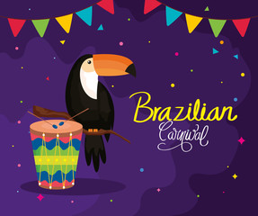 Wall Mural - poster of brazilian carnival with toucan and drum