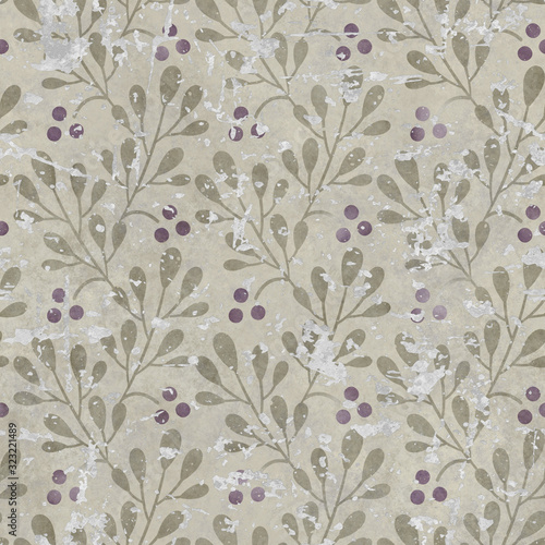 Obraz w ramie Damaged wallpaper seamless texture, grunge background, flowers pattern, 3D illustration