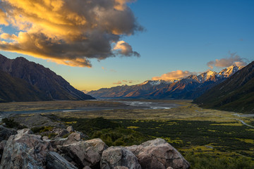 Sticker - Panorama views on the mountain walk to see Tasman Lake with stunning views of the mountains and the morning sky and beautiful clouds in Mount Cook National Park, Aoraki, New Zealand.