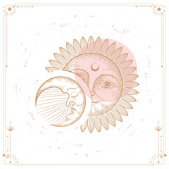 Wall Mural - Set of mystical and mysterious illustrations in hand drawn style.  Minimalistic objects made in the style.  boho style signs and symbols. outer space, moon, sun system. vector.