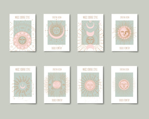 Wall Mural - Set of mystical and mysterious illustrations in hand drawn style.  Minimalistic objects made in the style.  boho style signs and symbols. outer space, moon, sun system. vector.