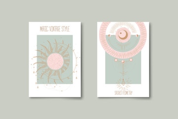 Wall Mural - Set of mystical and mysterious illustrations in hand drawn style.  Minimalistic objects made in the style.  boho style signs and symbols. outer space, moon, sun system. vector.