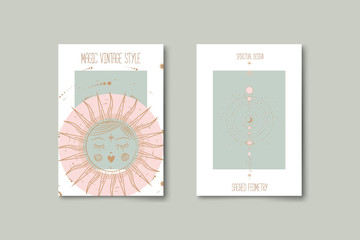Wall Mural - Set of mystical and mysterious illustrations in hand drawn style.  Minimalistic objects made in the style.  boho style signs and symbols. outer space, moon, sun system. vector.