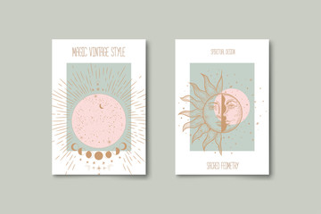 Wall Mural - Set of mystical and mysterious illustrations in hand drawn style.  Minimalistic objects made in the style.  boho style signs and symbols. outer space, moon, sun system. vector.