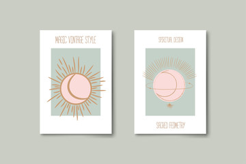 Wall Mural - Set of mystical and mysterious illustrations in hand drawn style.  Minimalistic objects made in the style.  boho style signs and symbols. outer space, moon, sun system. vector.