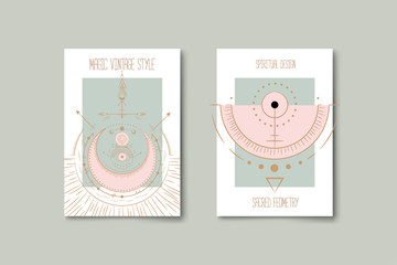 Wall Mural - Set of mystical and mysterious illustrations in hand drawn style.  Minimalistic objects made in the style.  boho style signs and symbols. outer space, moon, sun system. vector.