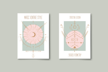 Wall Mural - Set of mystical and mysterious illustrations in hand drawn style.  Minimalistic objects made in the style.  boho style signs and symbols. outer space, moon, sun system. vector.