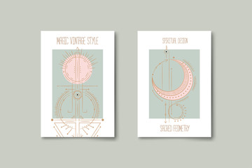 Wall Mural - Set of mystical and mysterious illustrations in hand drawn style.  Minimalistic objects made in the style.  boho style signs and symbols. outer space, moon, sun system. vector.