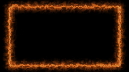 Empty frame with fire border glowing, burning flame signboard. Blank rectangle sign fire flames around frame lights. The best stock of photo image signboard orange fire burning on black background