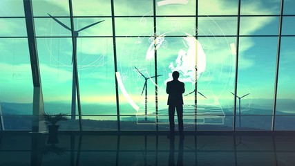 Wall Mural - male silhouette on a background of wind farms surrounded by infographics.