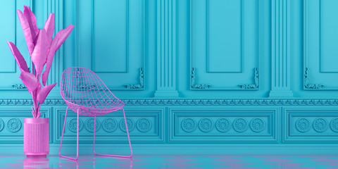 Wall Mural - vibrant turquoise blue interior design background with pink chair and plant on a molding classic wall, 3d render